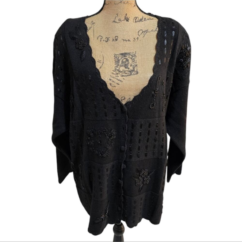 VINTAGE KATHIE LEE Black 3-D Beaded Embroidered Heavyweight Cardigan Sweater 22